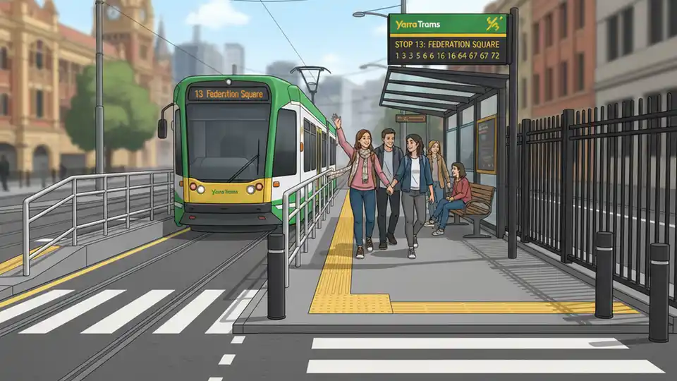 Yarra Trams level-access stop showing safety barriers, fencing separating pedestrians from traffic, and marked crossing points