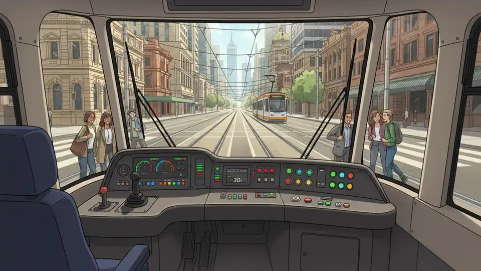Yarra Trams driver cabin interior showing controls and front windscreen view of Melbourne tracks