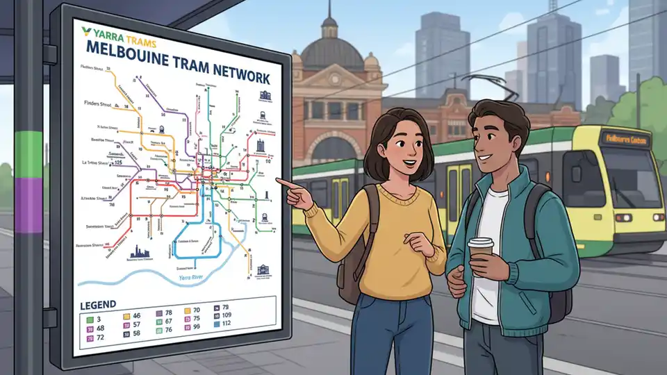 Yarra Trams route map display showing Melbourne city center tram lines