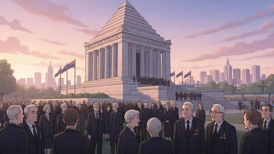 Shrine of Remembrance in Melbourne at dawn with crowd gathered for ANZAC Day ceremony