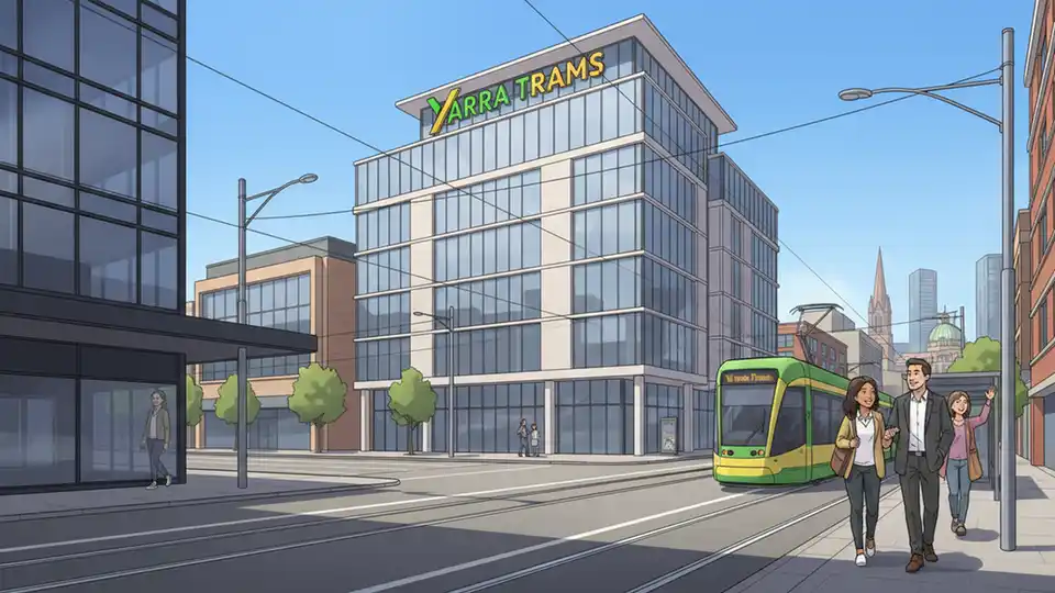 Yarra Trams executive office building exterior with company signage and tram tracks visible in foreground