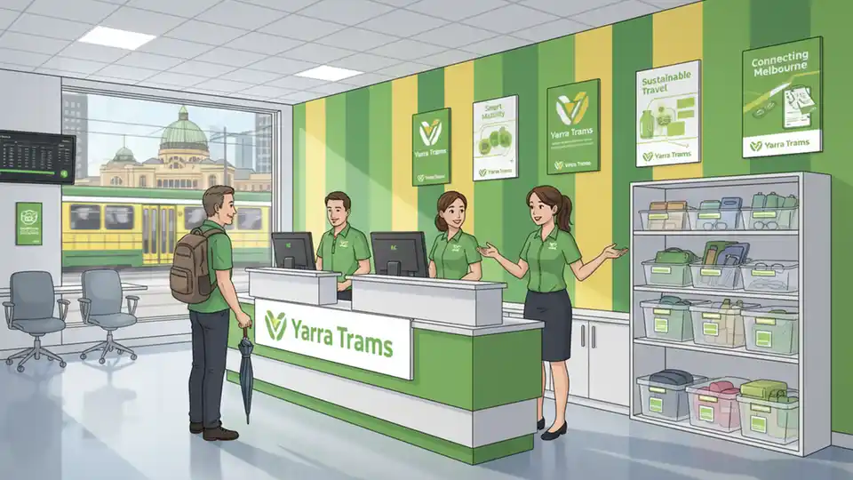 Yarra Trams lost property office interior with staff assisting customer