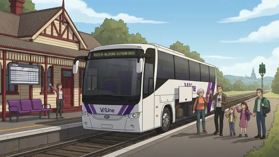 V/Line coach bus at regional station stop
