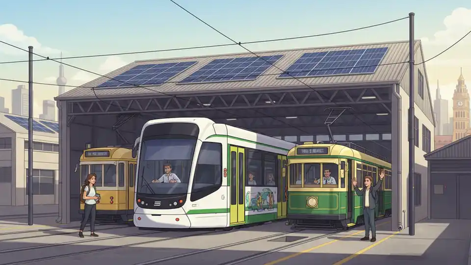 Melbourne tram at depot facility with solar panels visible on building rooftop
