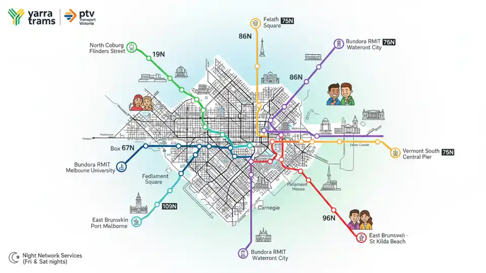 Yarra Trams route map showing Night Network tram lines connecting Melbourne CBD to surrounding suburbs