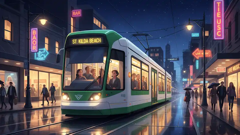 Melbourne tram operating at night on city street with illuminated storefronts and nightlife venues visible in background