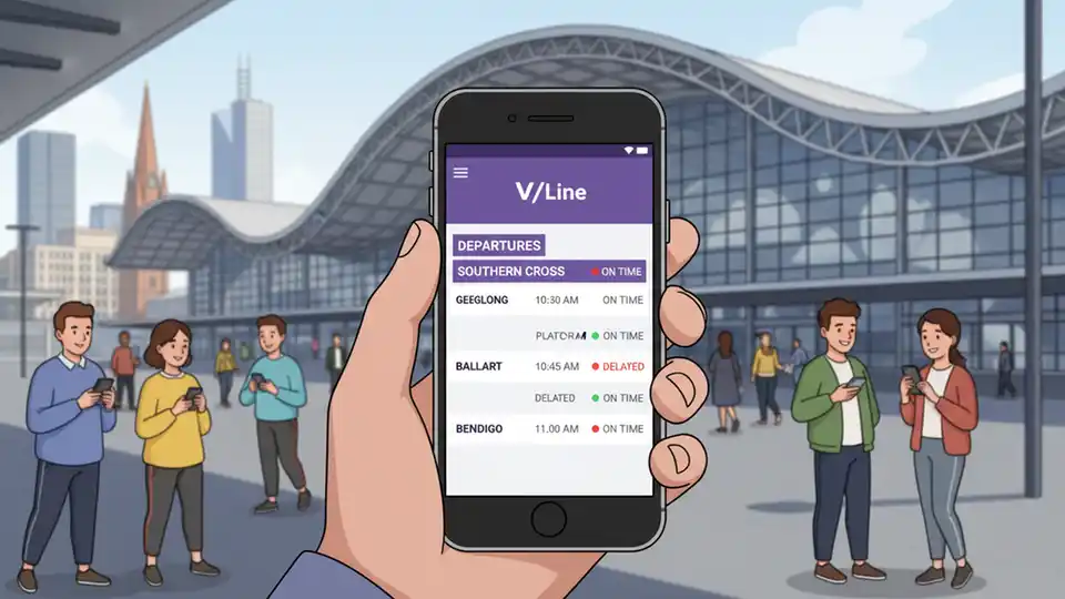 Close-up of smartphone displaying V/Line app interface with train schedule and service details, Southern Cross Station in background