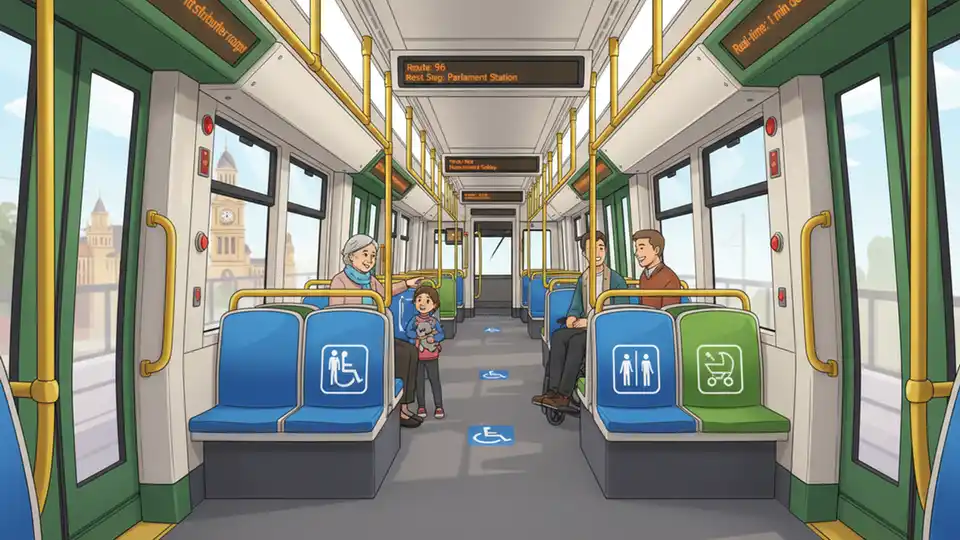 Interior of modern accessible tram showing spacious layout, priority seating areas, and passenger information displays