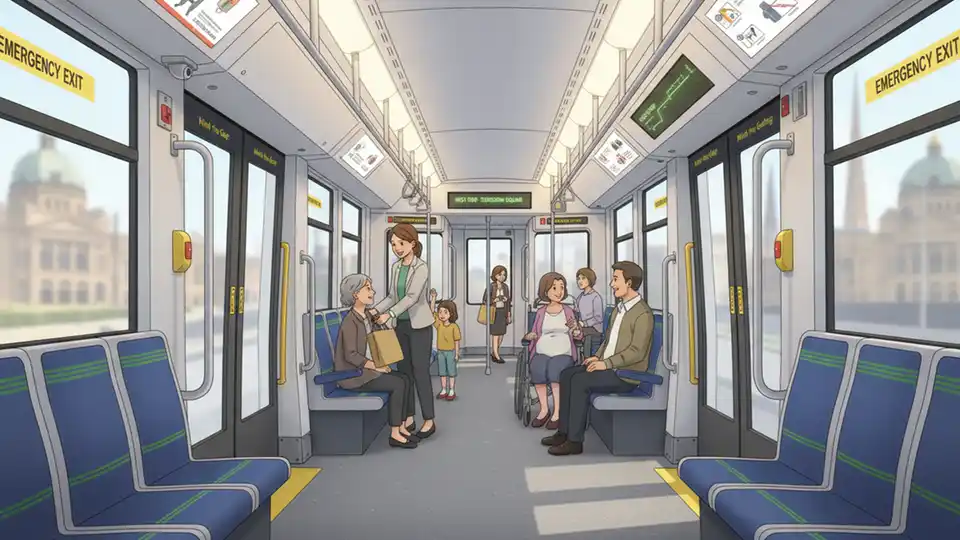 Interior of Melbourne tram showing passenger seating area and safety information displays