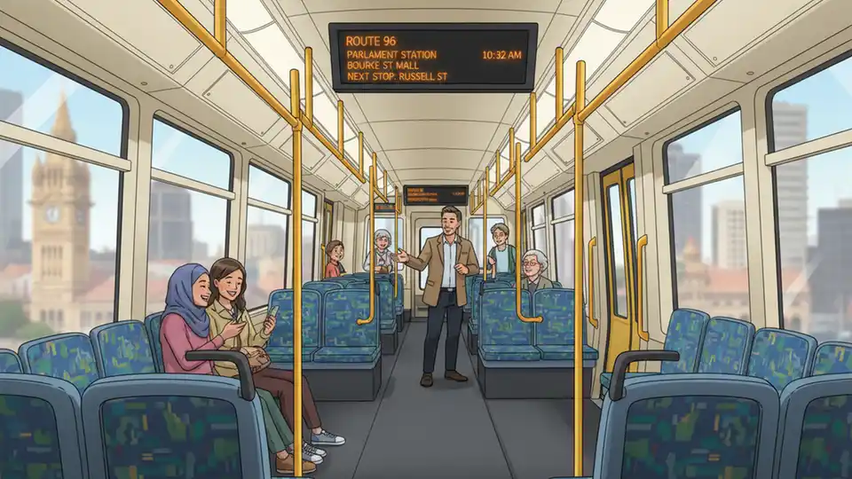 Interior view of Melbourne low-floor tram showing mounted digital passenger information display with route number and stop information visible to seated and standing passengers