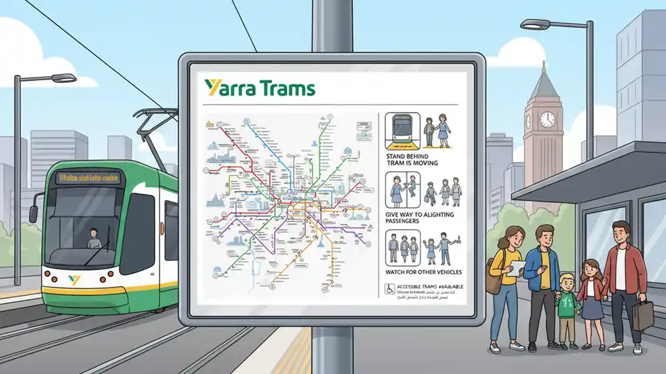 Yarra Trams information display showing route map and safety guidelines at Melbourne station