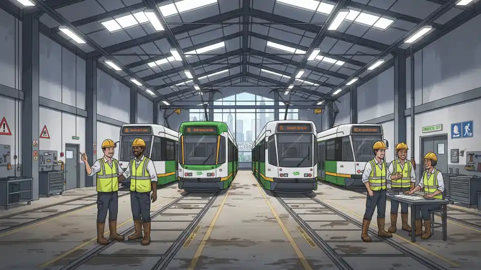 Yarra Trams depot interior showing tram maintenance area with employee safety signage visible