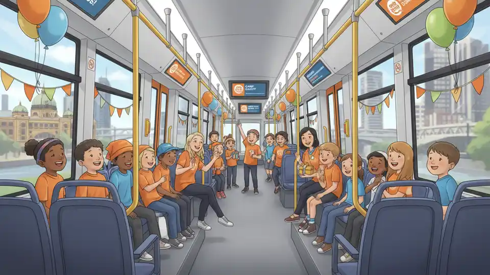 Interior of Yarra Trams E-class tram with children celebrating during Camp Quality private service event