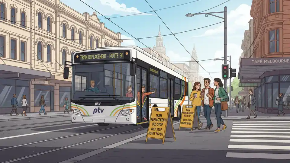 Tram replacement bus at temporary stop in Melbourne with route signage visible