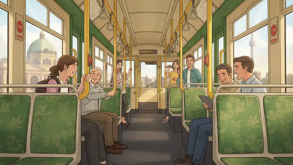 Interior of Melbourne tram showing high-touch surfaces including handrails, seats, and buttons