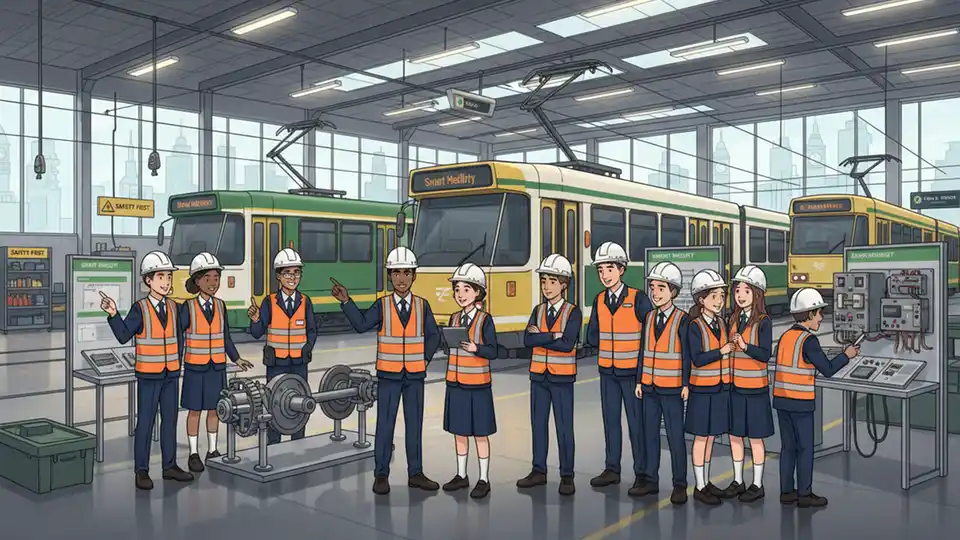 High school students examining tram engineering equipment at Melbourne depot, STEM education program with transit vehicles and technical displays