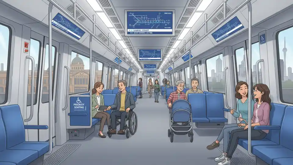 Interior of High Capacity Metro Train showing accessible seating, information displays and modern passenger amenities