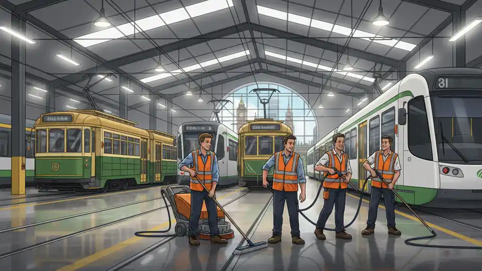 Cleaning crew working at Melbourne tram depot facility with trams in background