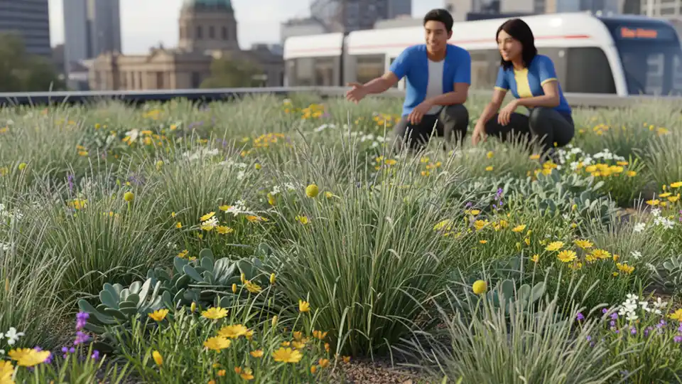 Close-up of native Australian grassland plants and wildflowers suitable for green roof installation, showing drought-tolerant vegetation