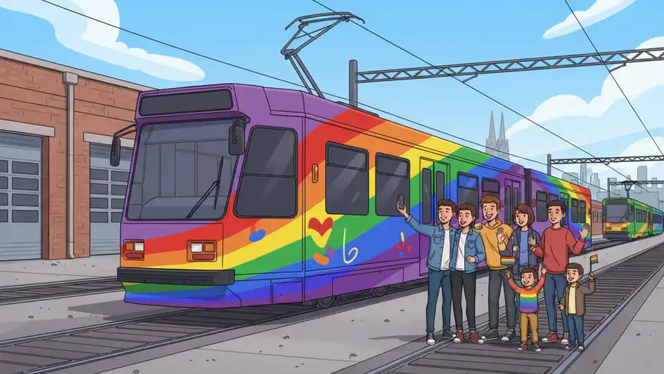 Rainbow-wrapped D1-Class tram at Brunswick Depot with colorful pride artwork covering exterior panels
