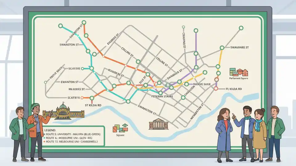 Melbourne tram route map showing routes 5, 6, 16, and 72 through inner city neighborhoods
