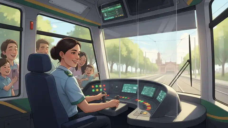 Tram driver cabin interior showing protective barriers and control panel