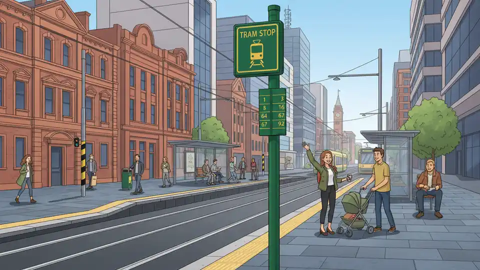 Melbourne tram stop sign showing route numbers and passenger waiting area on urban street