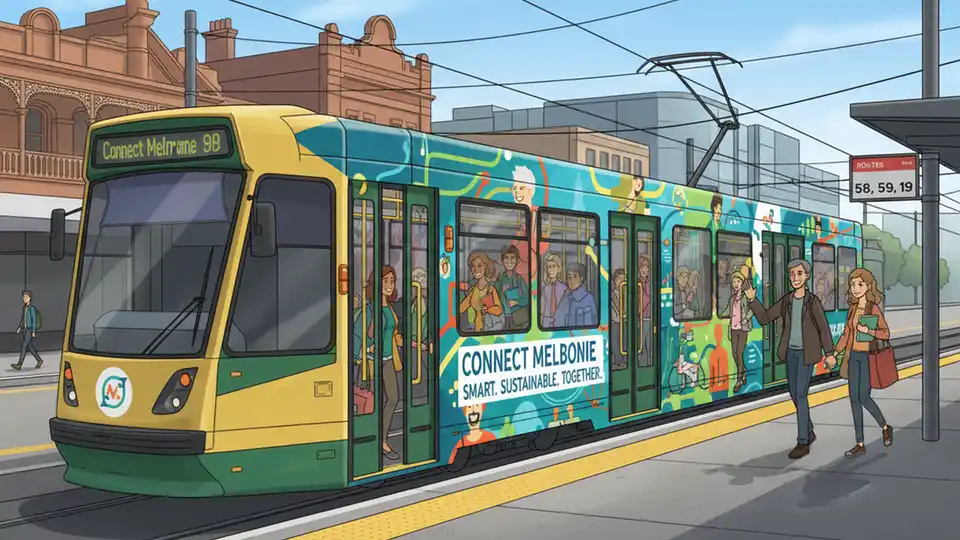 Melbourne tram at station platform with passengers boarding, showing full-length advertising wrap for community organization