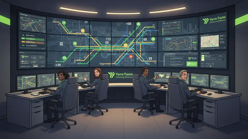 Yarra Trams operations center with digital displays showing real-time network information