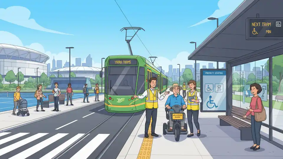 Yarra Trams accessibility services with motorized buggy assisting passengers with mobility challenges at Melbourne Park