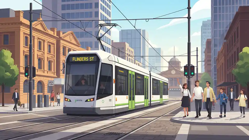 Modern Melbourne tram on city street with overhead wire infrastructure and civil engineering systems visible