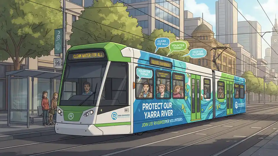 Melbourne tram interior or exterior showing Yarra River conservation messaging and Riverkeeper volunteer information, with passengers or urban Melbourne backdrop