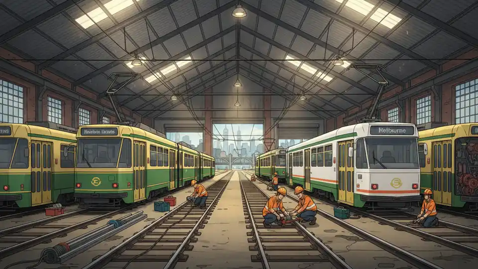 Melbourne tram depot with multiple trams and maintenance crews working on track infrastructure
