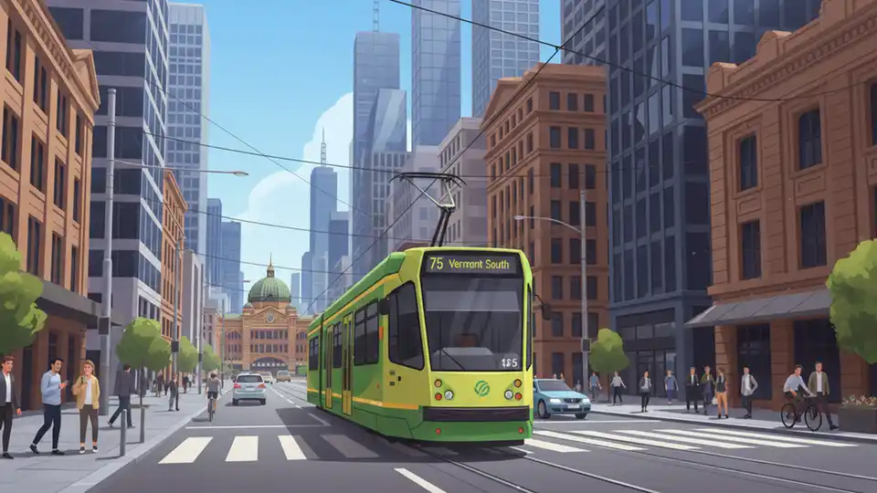 Yarra Trams Route 75 tram on Melbourne CBD street with city buildings in background