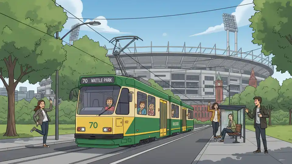 Melbourne tram route 70 traveling past MCG stadium area