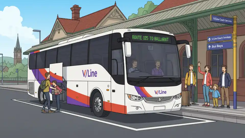 V/Line coach bus at regional station stop with route signage visible