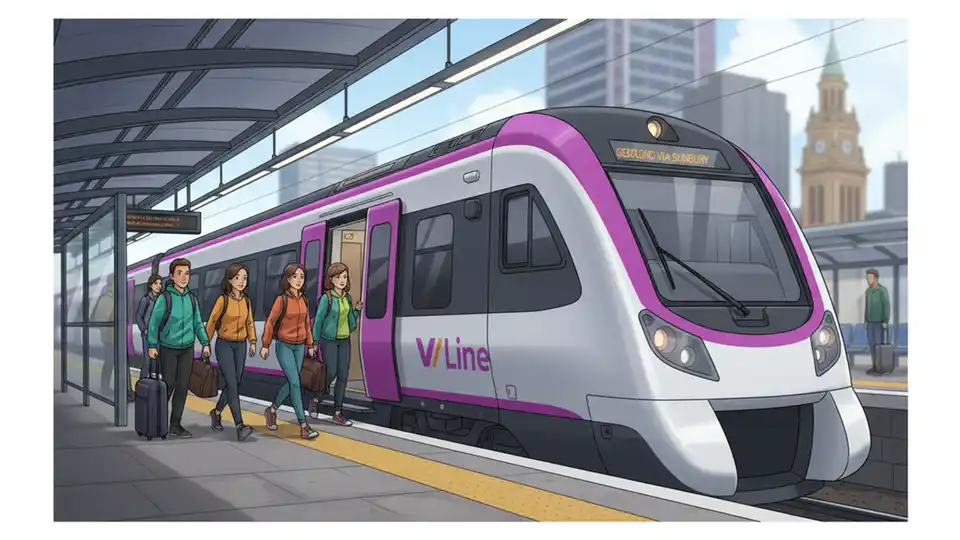 V/Line regional train at platform with passengers boarding, modern VLocity train visible