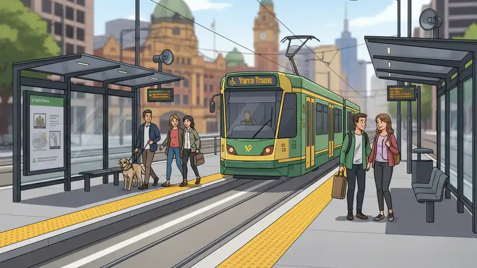Yarra Trams accessibility features including tactile ground surface indicators and audio announcement system at tram platform