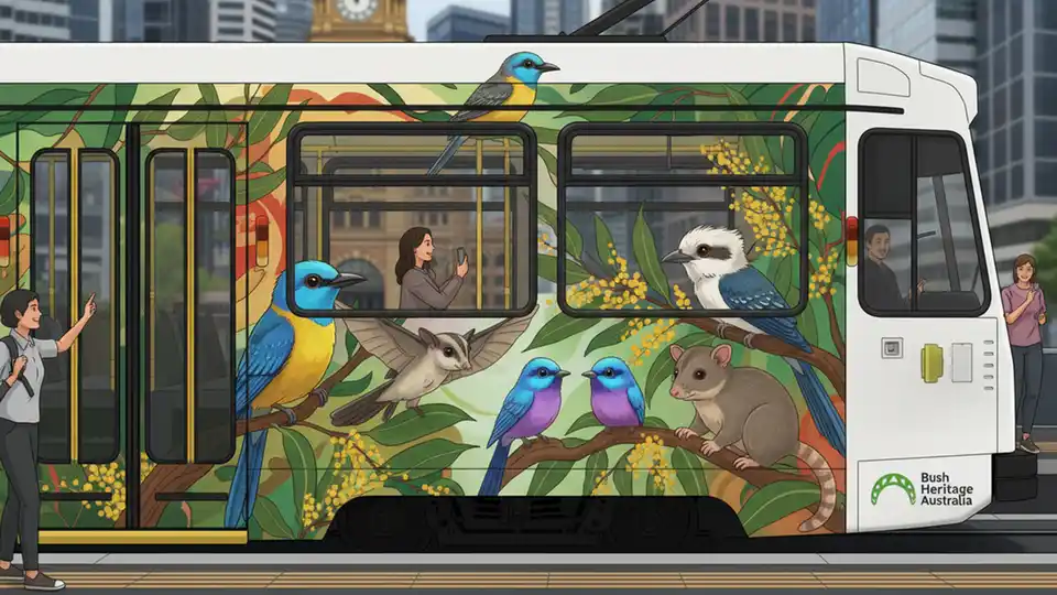 Close-up of Bush Heritage Australia Native Neighbours tram artwork showing detailed native wildlife illustrations including birds and small mammals on tram exterior panels
