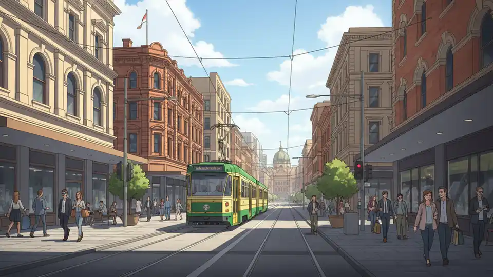 Melbourne CBD street scene with tram passing historic buildings, restaurants, and pedestrians, showing vibrant city center activity and iconic tram infrastructure
