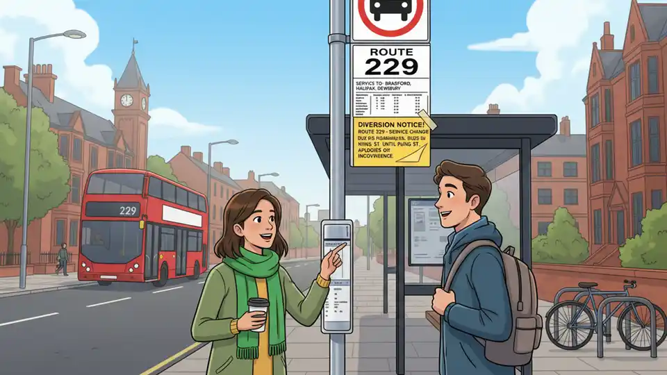 Bus stop sign showing Route 229 service information with diversion notice posted