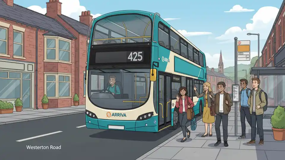 Arriva UK Bus route 425 bus at stop on Westerton Road with passengers waiting to board during daytime service