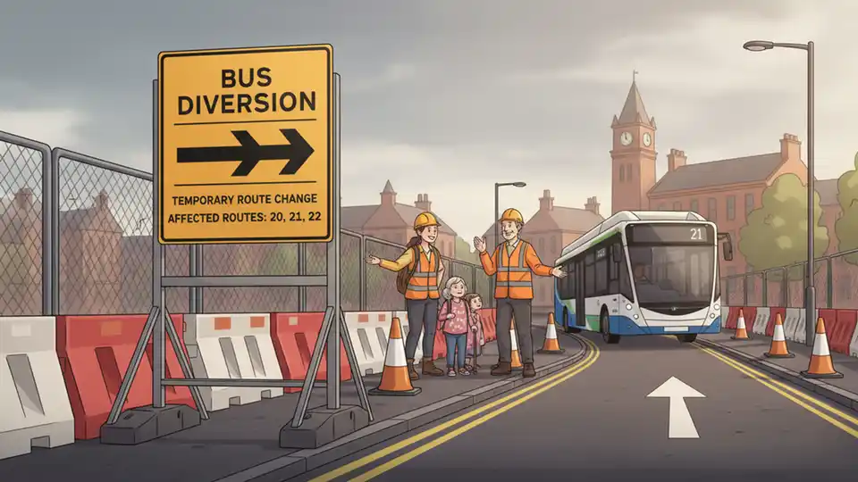 Bus route diversion sign showing temporary route change with directional arrows at roadwork zone