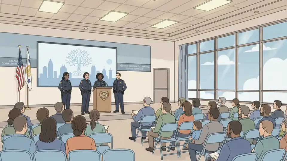 Community members seated in rows at a police department town hall meeting, with officers standing at podium addressing audience