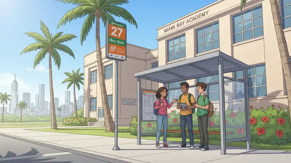 Bus stop sign showing route number with school building in background