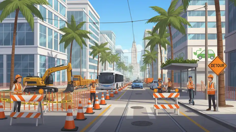 Construction zone on urban street with detour signs and transit infrastructure