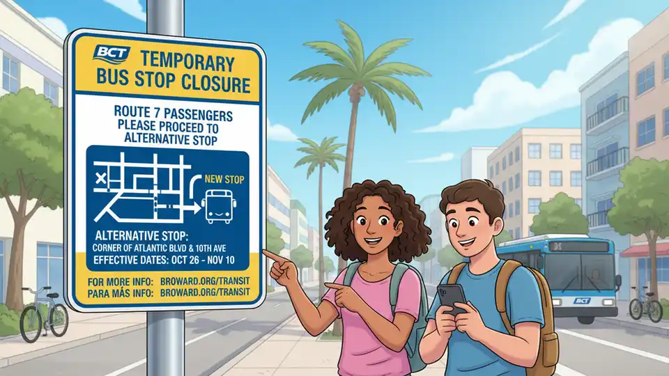 BCT bus stop closure sign with detour information posted for Route 7 passengers