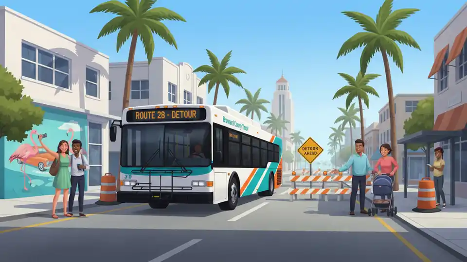 Broward County Transit bus on Hollywood Boulevard detour route with construction barriers visible in background
