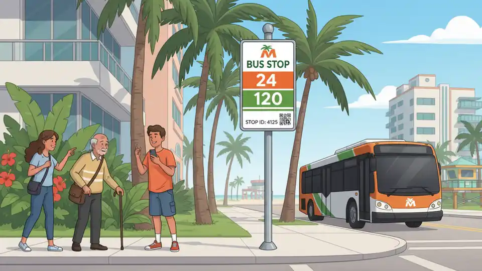 Bus stop sign with route number and stop ID posted on pole