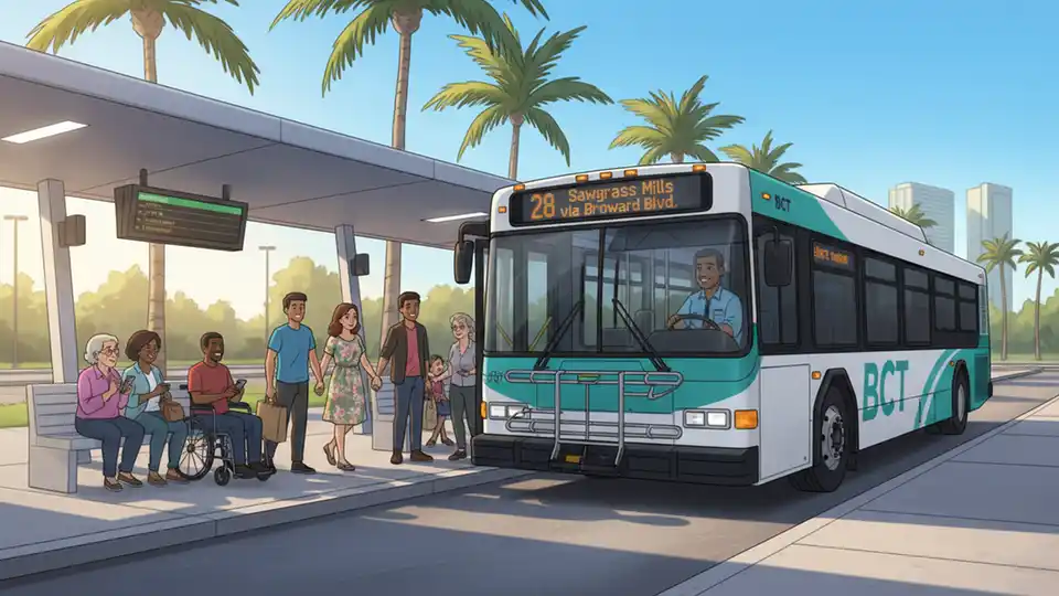 Broward County Transit bus at a transit center with passengers boarding